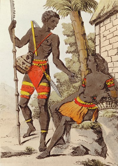 パラオ諸島の男性と女性、1805年（カラー彫刻） 作： Jacques after Grasset de Saint Sauveur