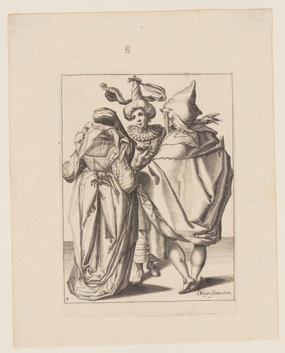 仮面舞踏会』より「身振り手振りの青年に話しかけるカップル 作： Jacques de Gheyn II