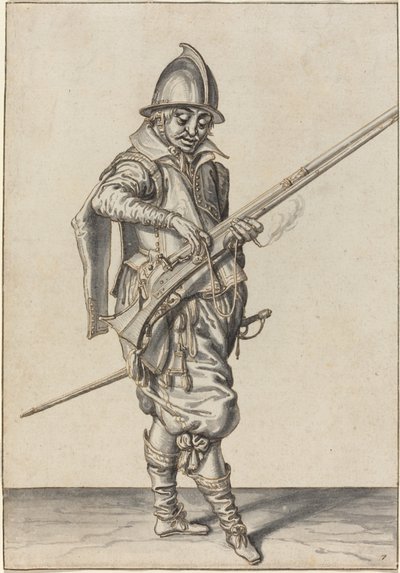 キャリバーを発射する準備をしているエレガントな服装の兵士 作： Jacques de Gheyn II