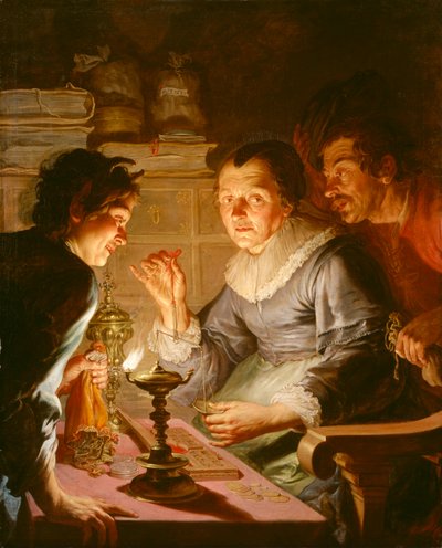オランダ語：金遣いの荒い老婆：貪欲の寓意 The Gold Weigher 作： ジャック・ド・ランジュ