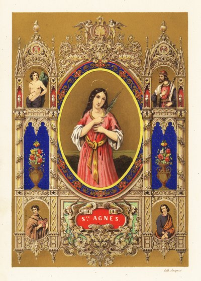 ローマの聖アグネスの肖像画、処女殉教者、光輪とヤシの葉が飾り枠内にある 作： Jacquet Jacquet