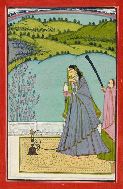 水ギセルとハヤブサのあるテラスの女性、1760年頃（紙に不透明な水彩と金） 作： Jaimal Har