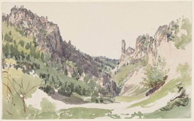 太陽に照らされた山の谷を熟考する座っている男性 作： Jakob Alt