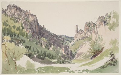 陽光に照らされた山間の谷を物思いにふける座る男 作： Jakob Alt
