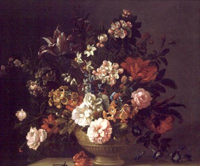 薔薇やチューリップなどの花をLedge上のUrnに飾る 作： Jakob Bogdani or Bogdany