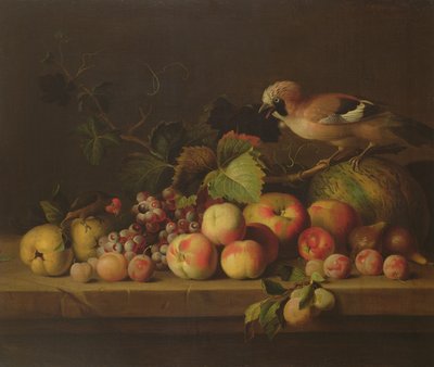 果物、ジェイ、オウムのある静物 作： Jakob Bogdani or Bogdany