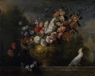 壷の中の花とオカメインコのある静物画（棚の上）1699年頃（油彩・キャンバス 作： Jakob Bogdani or Bogdany