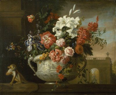 静物画「壷に入った花と猿」1699年頃（油彩・カンヴァス 作： Jakob Bogdani or Bogdany
