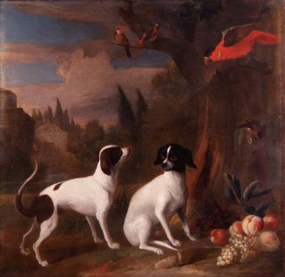 風景の中の2匹の犬 作： Jakob Bogdani or Bogdany