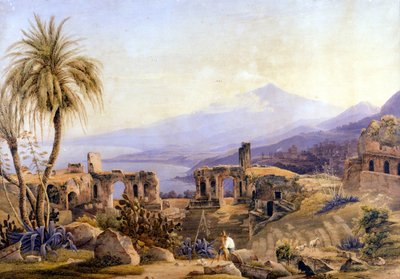 シチリア島のタオルミナ：遺跡とエトナ。1850年頃、Jacob Suterが描いたもの。 作： Jakob Suter
