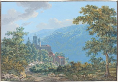 日の出の山の風景の中の要塞 作： Jakob Wilhelm Huber