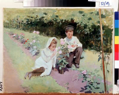 ""Au rosier"" バラ園にいる 2 人の子供。 Jakov Kalinichenko (1869-1938) による絵画 1908 State Regional I. Pozhalostin Art Museum, Ryasan 作： Jakoff Jakovlevitch Kalinitchenko