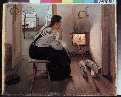""Reflexions pres du poele a bois"" (Thoughts at the stove) Une jeune femme assise pensive devant le feu. Peinture de Jakov Kalinichenko (1869-1938) 1897 State Regional I. Pozhalostin Art Museum, Ryasan   1454178   ja       japanese Successfully Translated 作： Jakoff Jakovlevitch Kalinitchenko