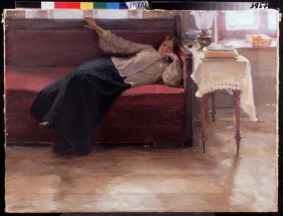 「夢」ソファに横たわっている物思いにふける少女。 Jakov Kalinichenko (1869-1938) による絵画 1904 State Regional I. Pozhalostin Art Museum, Ryasan 作： Jakoff Jakovlevitch Kalinitchenko