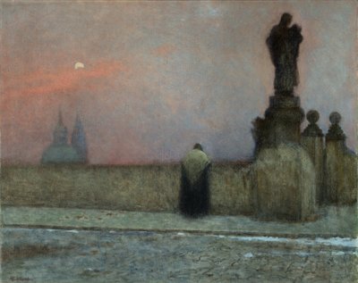 フラチャニ (プラハ、チェコ共和国) での初夜会 - フラチャニでの夕方 - ヤクブ・シカネーダー (1855-1924)。 キャンバスに油彩 作： Jakub Schikaneder