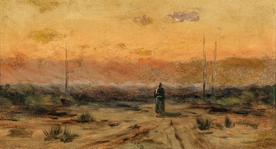 日の出の海岸にいる女性。 作： Jakub Schikaneder
