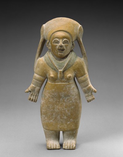 女性の立ち姿、紀元前200年～紀元後800年（陶製、スリップペインティング付き 作： Jama Coaque culture