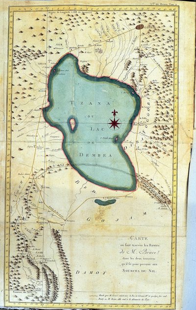 ツァナ湖またはデンベア湖の地域の地図（M.Bruceがナイル川の源流に到達するために行った2つの試みのルート）-James Bruceの "Journey to Nubia and Abyssinia undertaken to discover the source of the Nile during the year 1768 to 1772 "の中で。 作： James Bruce