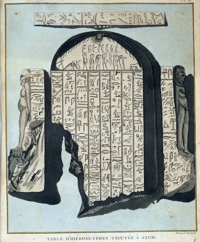 Axoum（Aksoum）で発見されたヒエログリフの表-James Bruceによる「Journey in Nubia and Abyssinia undertaken to discover the source of the Nile during the year 1768 to 1772」（第1巻）、パリ 作： James Bruce
