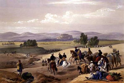 クウェッタ要塞へのアプローチ（『アフガニスタンでのスケッチ』より） チャールズ・ハーゲ（1810-88）とルイス・ハーゲ（1806-85）が彫刻し、ヘンリー・グレーブスが出版したもの。 作： James (after) Atkinson