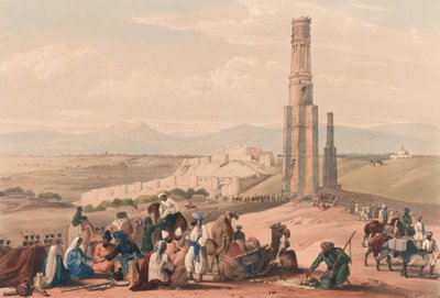 グズネの要塞とシタダール、2つのミナール、1839年頃（リトグラフ、彩色済み 作： James (after) Atkinson
