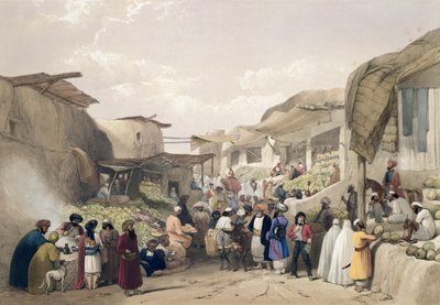 果物の季節のコーブルのバザールの大通り（ヘンリー・グレーブス社発行のチャールズ・ハーゲ（1810-88）とルイス・ハーゲ（1806-85）の彫刻による「アフガニスタンでのスケッチ」より）。 作： James (after) Atkinson