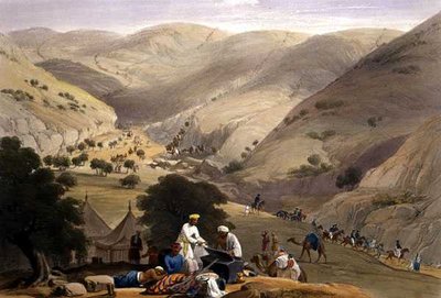 クージャ峠の第三の下り、ヘンリー・グレーブス社発行のチャールズ・ハーゲ（1810-88）とルイス・ハーゲ（1806-85）が彫った「アフガウニスタンでのスケッチ」より。 作： James (after) Atkinson