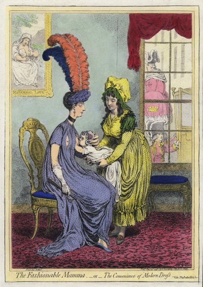 母乳育児、「おしゃれなマンマ」、または「モダンドレスの利便性」（カラーの彫刻 作： James (after) Gillray