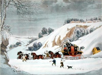 ジョージ・ハントの彫刻による「深雪の中の郵便」（カラーリトグラフ版 作： James (after) Pollard