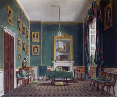 緑の引き出し部屋」ダニエル・ヘイヴル（1785-1826）によるエングレーヴィング、ジェームズ・ステファノフ（約1788-1874）のデザインに基づく、『王宮の歴史』より 作： James (after) Stephanoff