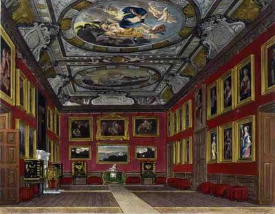 ウィンザー城の女王の寝室（「Royal Residences」より）、J.ベイリーの彫刻、ウィリアム・ヘンリー・パイン（1769-1843）の出版。 作： James (after) Stephanoff