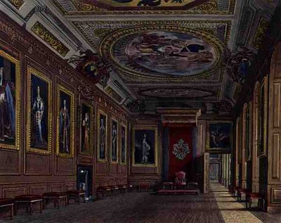 ウィンザー城の王の執務室、「Royal Residences」より、W. J. Bennettの彫刻、William Henry Pyne (1769-1843)の出版。 作： James (after) Stephanoff