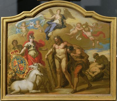 陸によるイギリスの力の寓話、ジョージIの儀式用コーチのための装飾パネルのデザイン、c.1718（パネルに油彩） 作： James (attr. to) Thornhill