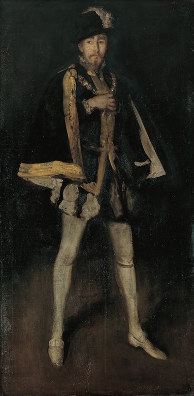 黒のアレンジメント、No. 3: スペインのフィリップ 2 世としてのヘンリー アーヴィング卿、1876 年、1885 年に作り直されました。 作： James Abbott McNeill Whistler