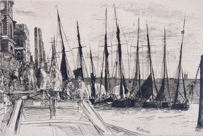 ビリングズゲートに並ぶボート」、ロンドン、1859年 作： James Abbott McNeill Whistler