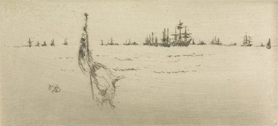 1887年の海軍の復習と題された12のエッチングのセットからの旗の浸漬 作： James Abbott McNeill Whistler