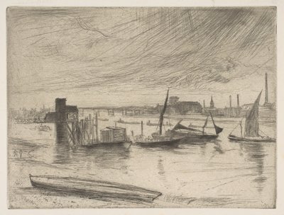 早朝、バタシーバタシードーンカドガン桟橋、1861年。 作： James Abbott McNeill Whistler