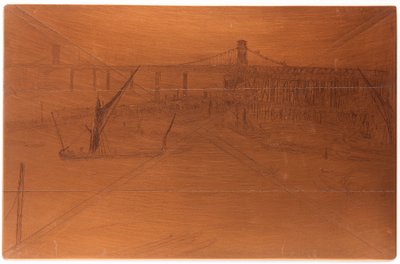 エッチング プレート: 古いハンガーフォード橋、1861 年。 作： James Abbott McNeill Whistler
