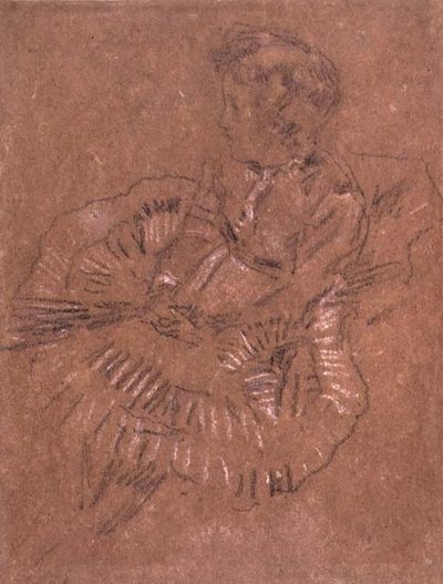 PD.67-1959 「大きなスカートをはいた座った少女」（エリナー・レイランドの習作）c.1870-80（茶色の紙に白黒チョーク 作： James Abbott McNeill Whistler