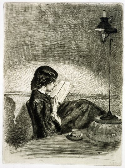 ランプライトによる読書、1858 作： James Abbott McNeill Whistler