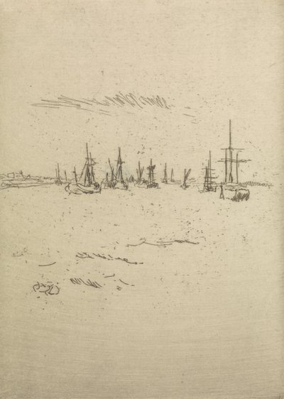 1887年の「海軍の復習」と題された12のエッチングのセットからティルベリーに戻る 作： James Abbott McNeill Whistler
