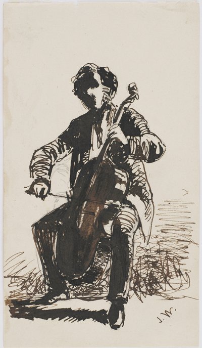 シーモアヘイデン卿、チェロを弾く、1855年頃（鉛筆、ペンとインク、ベージュの紙） 作： James Abbott McNeill Whistler