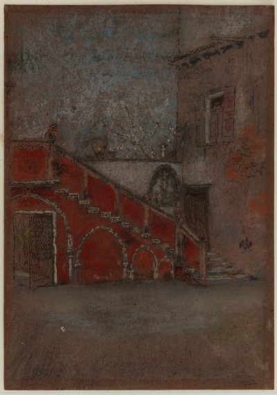 階段：赤のメモ、1880（茶色の紙にクレヨンとパステル） 作： James Abbott McNeill Whistler