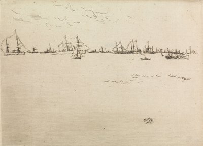 1887年の海軍の復習と題された12のエッチングのセットからの軍艦、1887 作： James Abbott McNeill Whistler