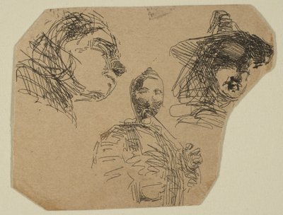 海岸測量プレートのスケッチからの 2 つの女性の頭と立っている人物、1854 年から 55 年。 作： James Abbott McNeill Whistler
