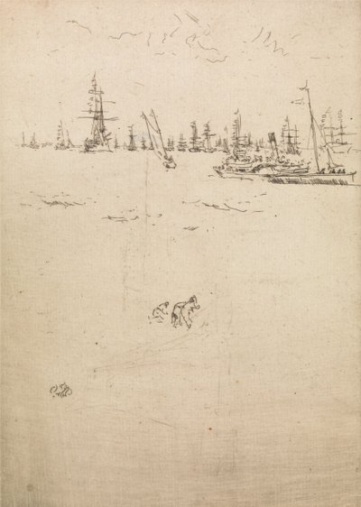 1887年の「海軍の復習」と題された12のエッチングセットからの訪問者用ボート 作： James Abbott McNeill Whistler
