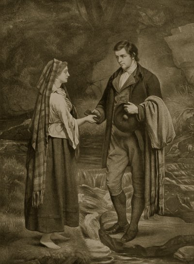 ロバートバーンズとハイランドメアリーの婚約、1785年、「ハッチンソンのイギリス国民の物語」、1923年頃のイラスト 作： James Archer