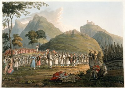 1820年に出版されたRobert Havell＆Sonによって彫刻された「ヒマラ山脈の景色」からのグルカの集合（色付きの彫刻） 作： James Baillie (after) Fraser