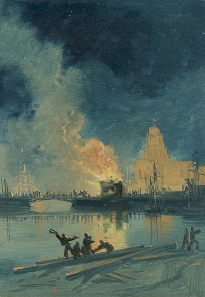 ブリストル暴動：プリンスストリート橋の燃える料金所、1832年頃（紙に油） 作： James Baker Pyne