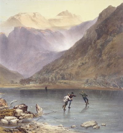 ブラザーズウォーター、イギリスの湖水地方のアイススケート選手の詳細、1853年のlitho詳細90428 作： James Baker Pyne